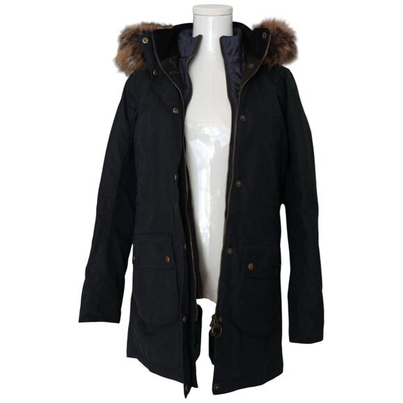 Barbour Thrunton Faux Fur-Trim Waxed Cotton Jacket In Navy Blue Women’s Size 4 - Picture 2 of 13